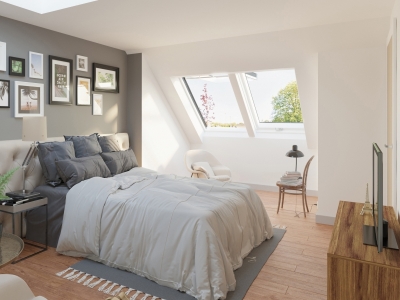 chambre avec 2 fenêtres VELUX en duo pour une vue dégagée sur l'extérieur