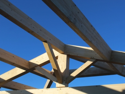Charpente bois lamellé collé ferme traditionnelle, arêtier et pannes.JPG