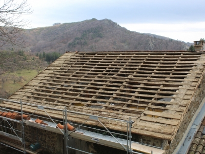Dépose des anciennes tuiles mécaniques, rénovation de toiture à Genestelle.JPG