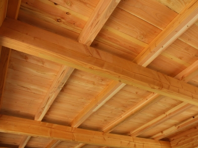 Ensemble de charpente traditionnelle et voliges en bois Douglas.JPG