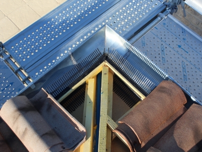 Gouttières VMZINC, peigne d'égout ventilé et tuiles à emboîtement à relief grand moule fixées.JPG