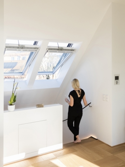 montée d'escalier avec 2 fenêtres de toit VELUX installées côte à côte