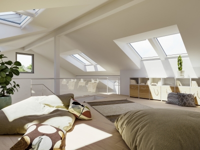 salle de séjour APRES la pose de plusieurs fenêtres de toit VELUX  juxtaposées en duo