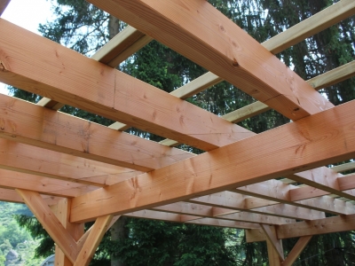Support ouvrage bois, ensemble de charpente en bois Douglas contre collé pour accueillir le platelage extérieur, réalisé par Chagnol Vincent à Vallées d'antraigues asperjoc.JPG